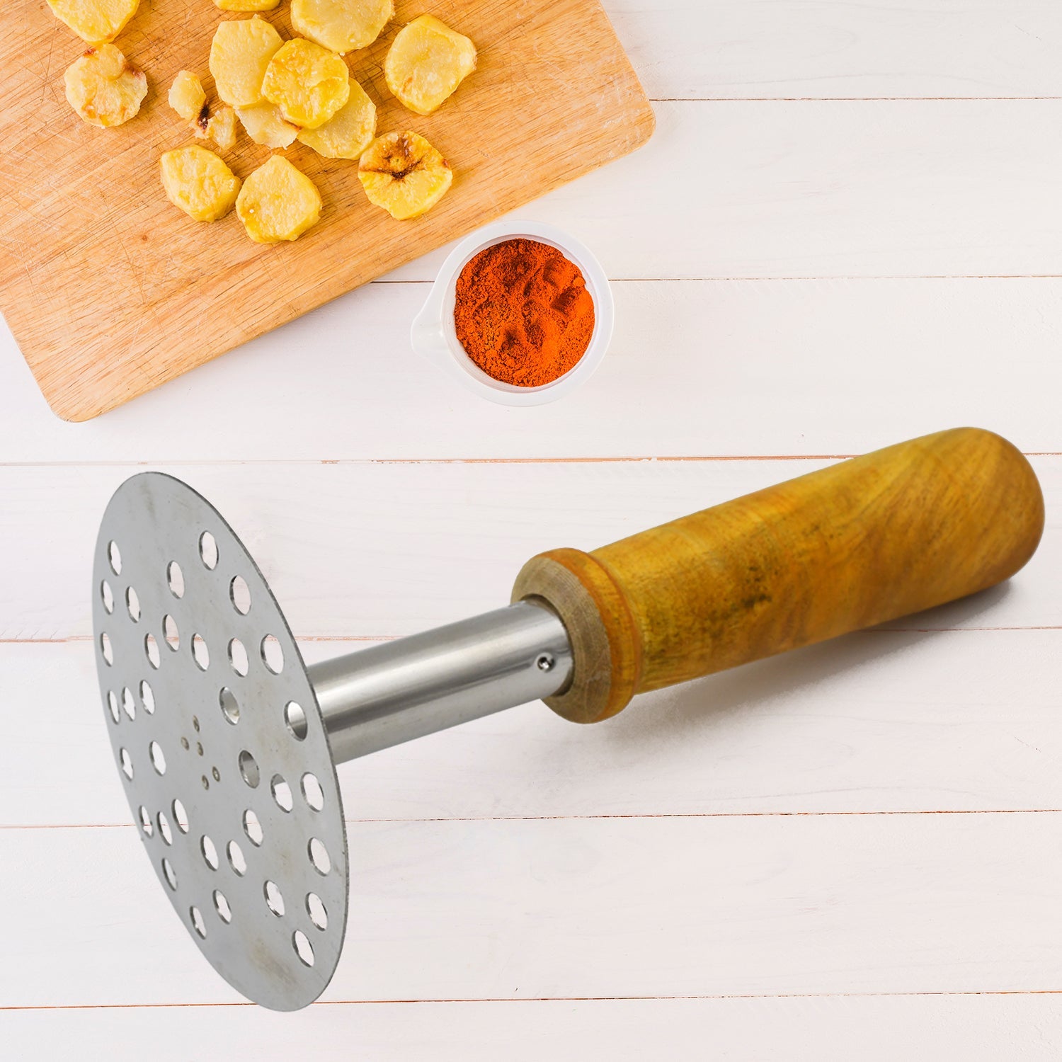 High Grade Stainless Steel Potato Masher Paubhaji / Pav Bhaji Masher with Wooden handle (1 Pc) High Grade Stainless Steel Potato Masher Paubhaji / Pav Bhaji Masher with Wooden handle (1 Pc)